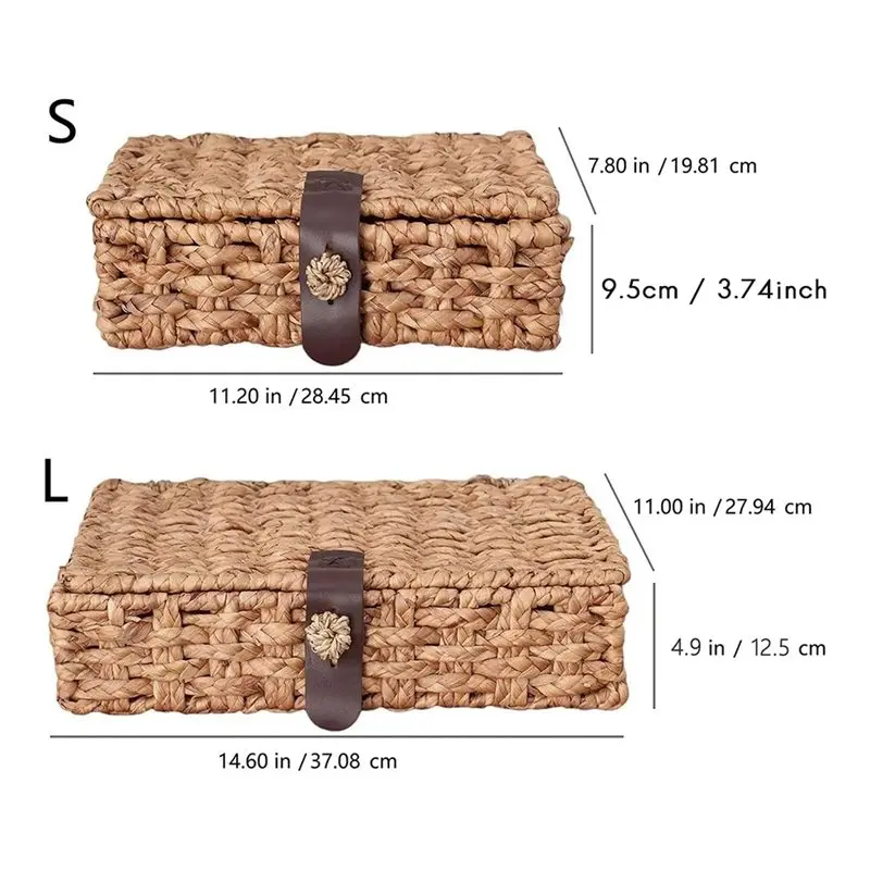 Fine Workmanship Wicker Storage Baskets With Lids 2-Piece Set Decorative Boxes With Lids, Water Hyacinth Woven For Shelf Display
