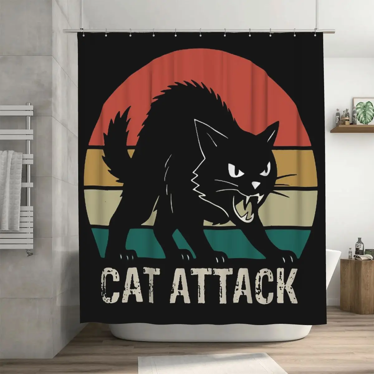Cat Attack Shower Curtain Bathroom Polyester Waterproof Bath Curtains with Hooks