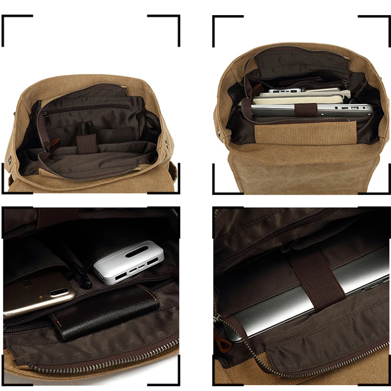 حقيبة ظهر مدرسية متينة من القماش والجلد حقيبة ظهر Mochila حقيبة ظهر قوية للسفر والتنزه سيرًا على الأقدام مع مقصورات متعددة