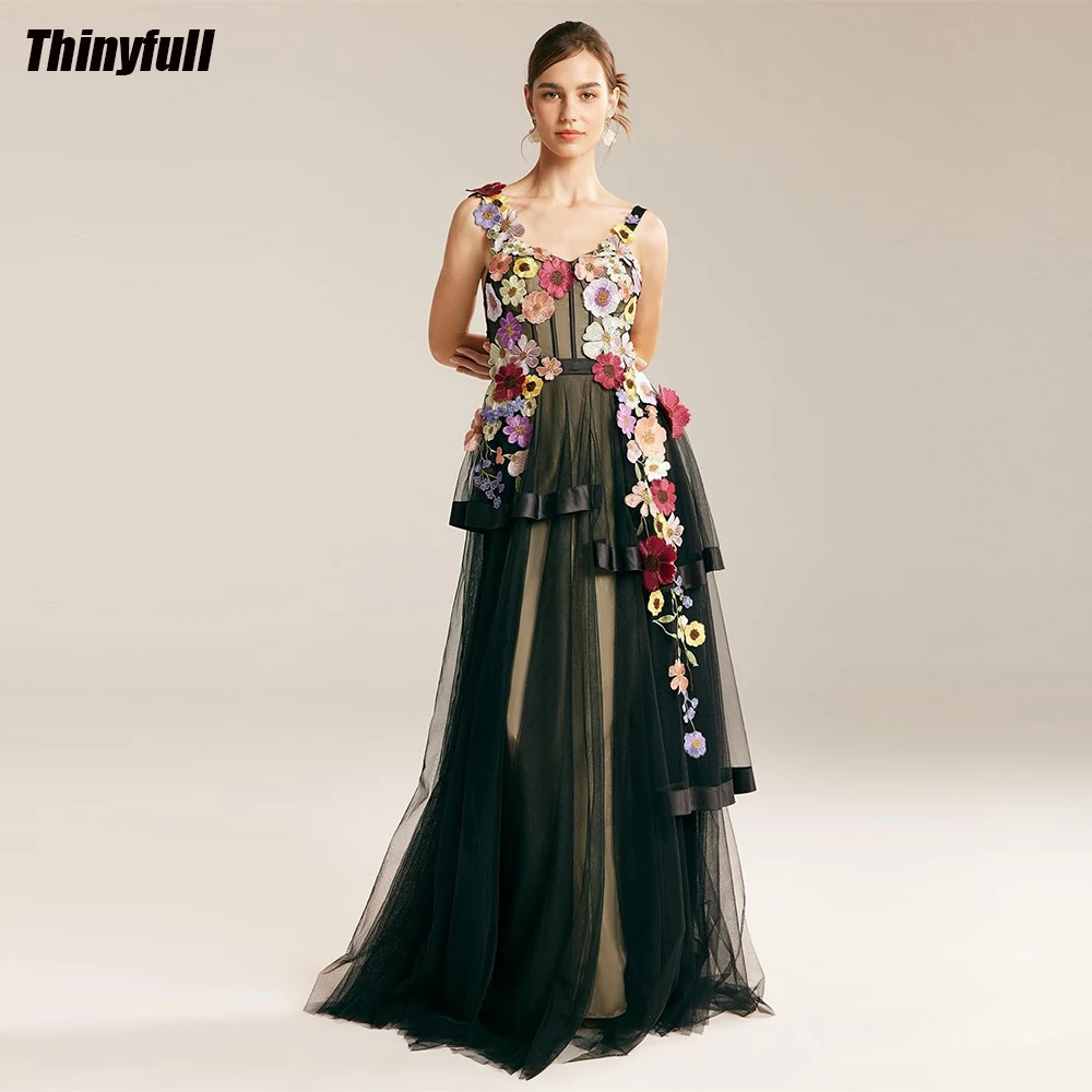 

Thinyfull 3D Floral A-line Prom Dresses Black Tulle Spaghetti Strap Sweetheart Evening Party Gowns 2024 Formal Occasion Dress