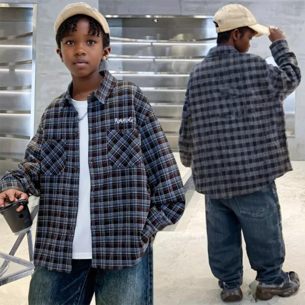 Korean Children Clothing 2026 Spring Plaid Button-Down Shirt for Boy Tops Long Sleeve Blouse Kids Pocket Shirt Autumn Clothes