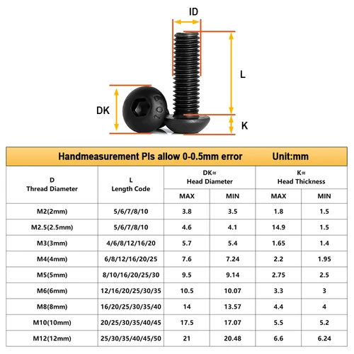 Imagen 2 del producto M2M2.5M3M4M5M6M8 tornillo Allen hexagonal grado 10,9 negro acero al carbono DIY tornillos de carenado de motocicleta ISO7380 tornillos de cabeza redonda