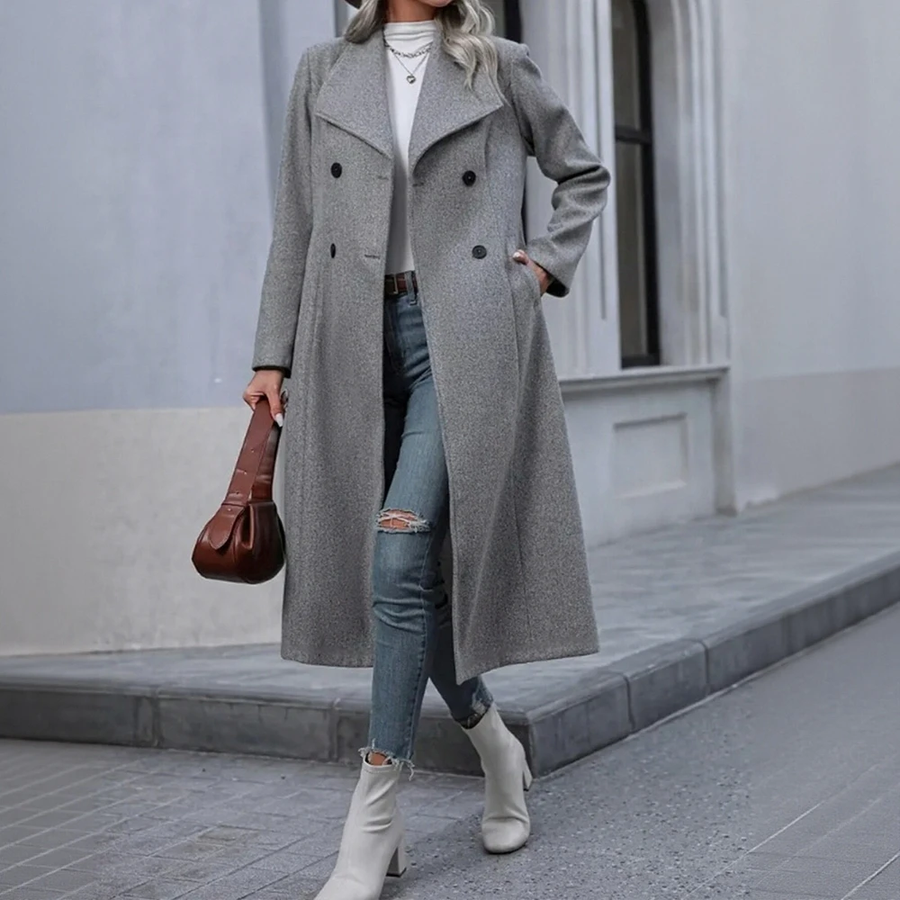 

Autumn Winter 2025 Women's Overcoats Business Solid Color Long Sleeve Lapel Button Front Office Lady Overcoats