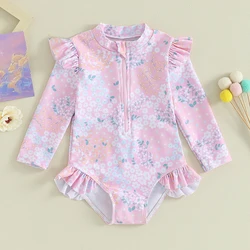 Kids Clothes Girl Swimsuits Cute Floral Print Ruffle Long Sleeves Zipper Bodysuit Beachwear Bathing Suits Baby Swimming Clothing