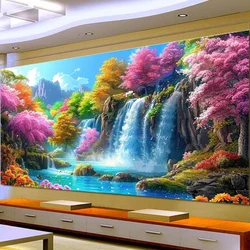 5D fai da te grande pittura diamante croce cascata fiori colorati paesaggio Wall Art, trapano rotondo completo, ricamo decorazioni per la casa