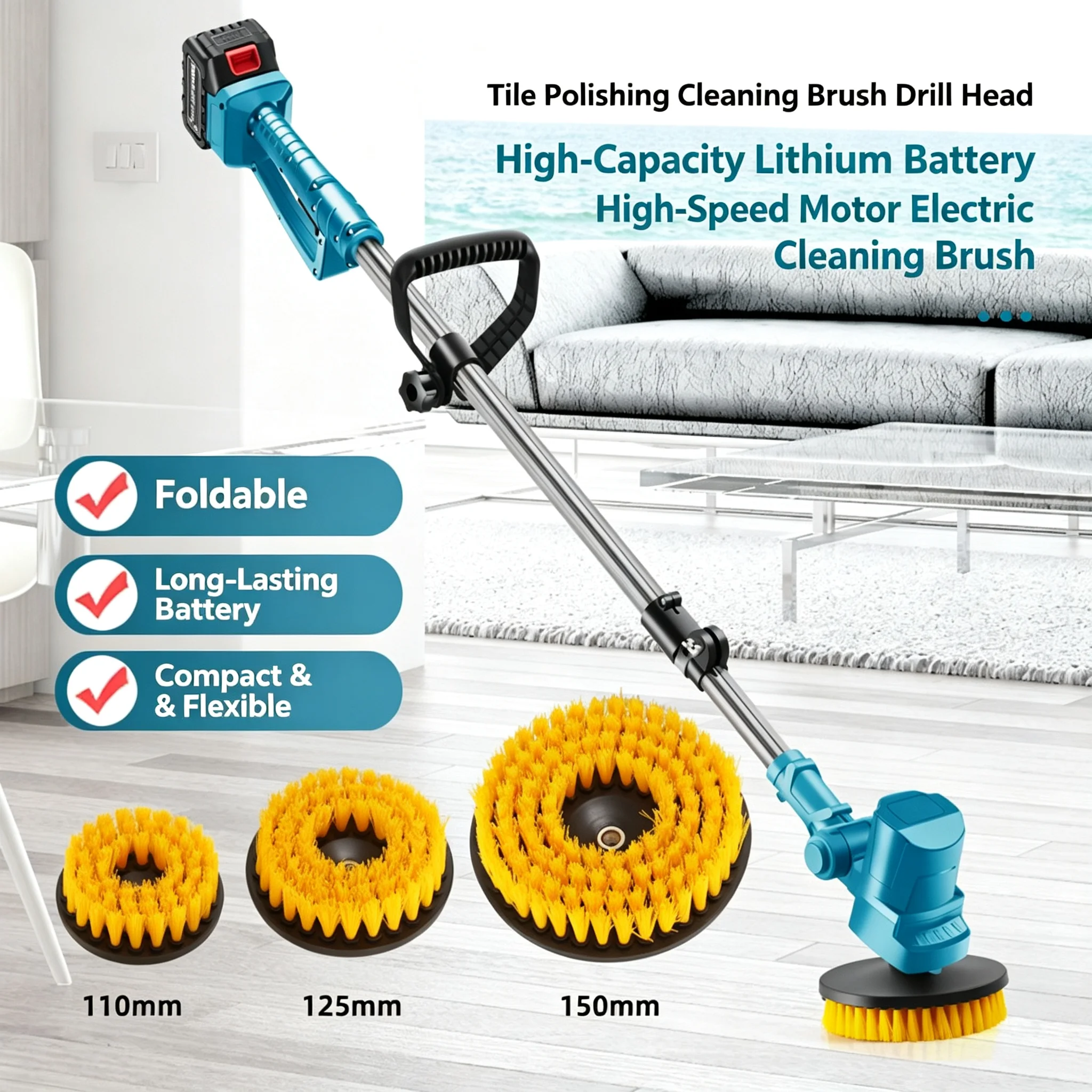 Electric 6-in-1 Retractable Cleaning Brush - Bathroom & Yard Sweeper Polishing Snow Removal Leaf Sweeper - Multi-Functional Home