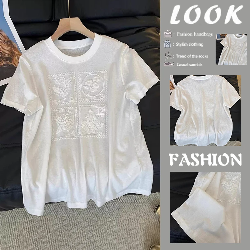 Summer Short Sleeve T-Shirt Embroidered Relief Loose Base Layer Top Women's Fashion Sun Protection Cotton Breathable round Neck