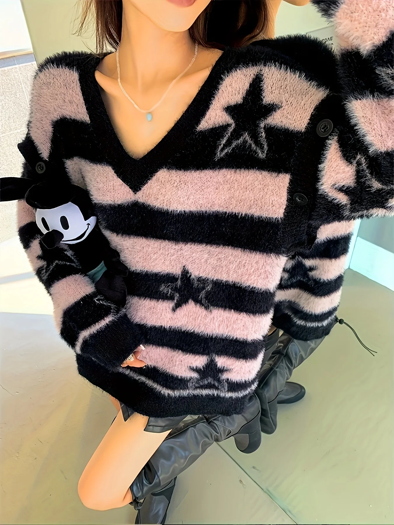 Y2K Retro Lazy Loose Chic Stars Striped Crew Neck Knit Pullover Sweater with Separate Sleeves for Women