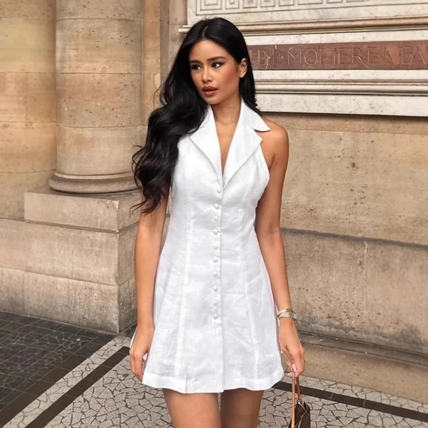 

Lapel Halter Neck Solid Color Single-breasted Temperament Backless A-line Skirt Women New Summer Versatile Style Commuting Dress