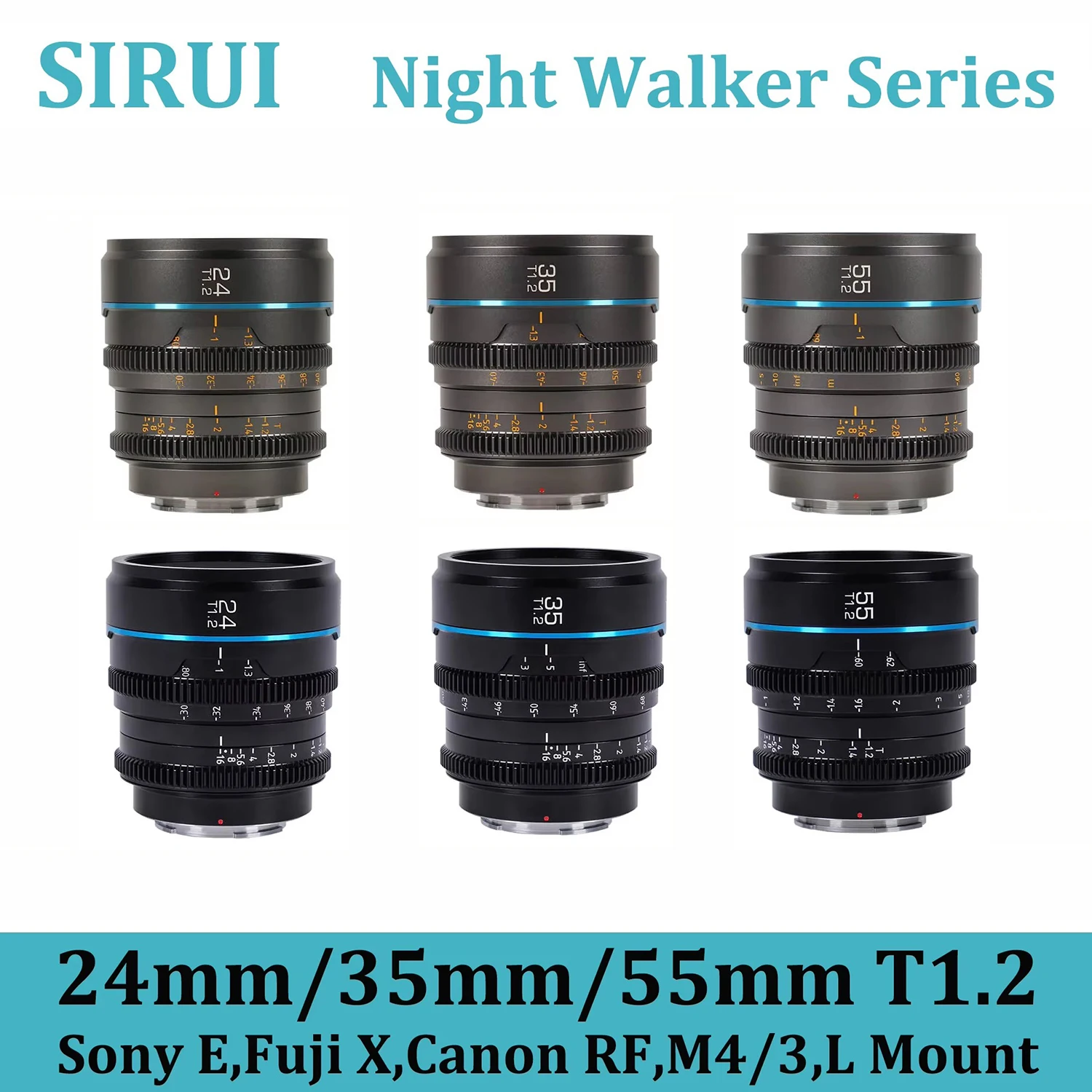 

SIRUI Night Walker 24mm 35mm 55mm T1.2 S35 Cine Lens For Sony E Fuji X Canon RF Red komodo RF Lumix MFT M4/3 Mount Cameras