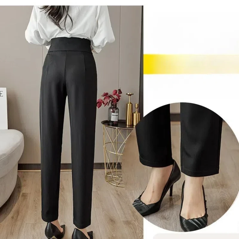 Women's Solid Color Elastic High Waisted Pockets Letter Rivet Sashes Casual Loose Spring Autumn Wide Leg Trouser Suits Pants