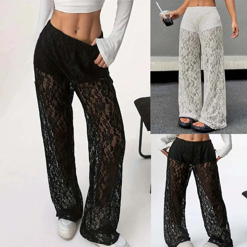 Schwarze Spitzenhose 2025 Neue Modische und Sexy Multifunktionale Spitzen-Jacquard Mikro-Transparente Gerade Freizeithose