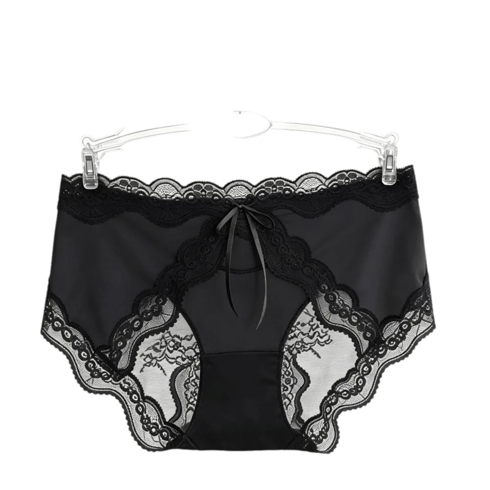 Delicate Mid Waist Lace Satin Panties Sweet Mesh Bow Briefs Patchwork Invisible Transparent Briefs Women