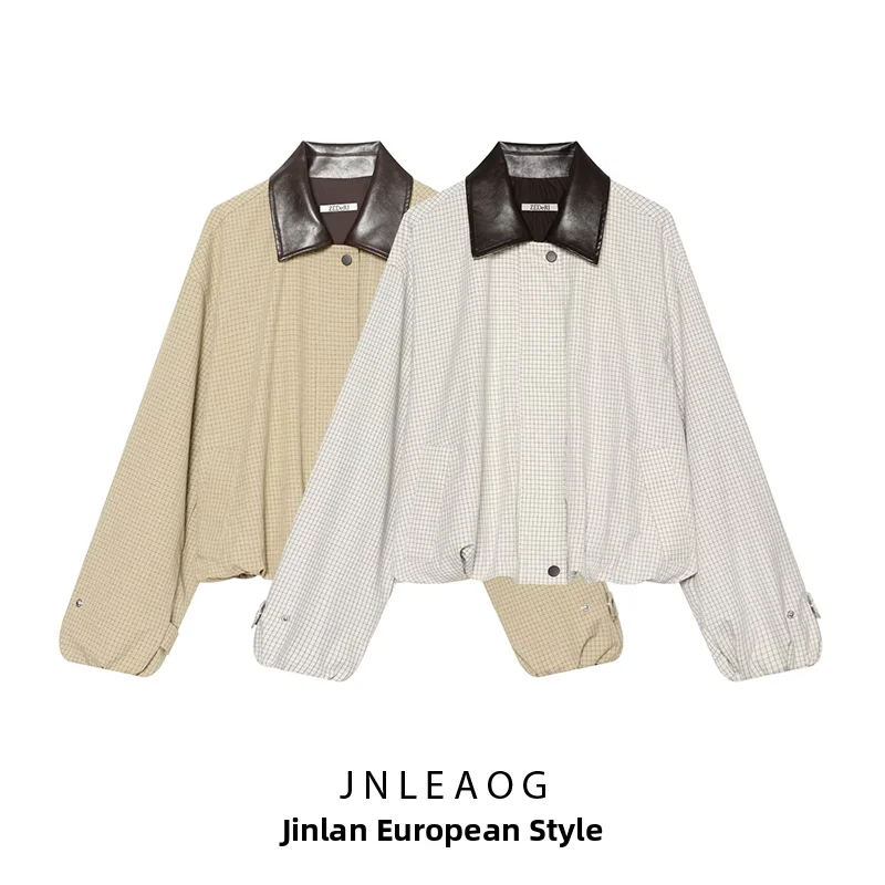 Fashionable Plaid Color Block Collar Jacket Women's Autumn New Style Versatile Outerwear Long Sleeve Polyester Ladies Coat