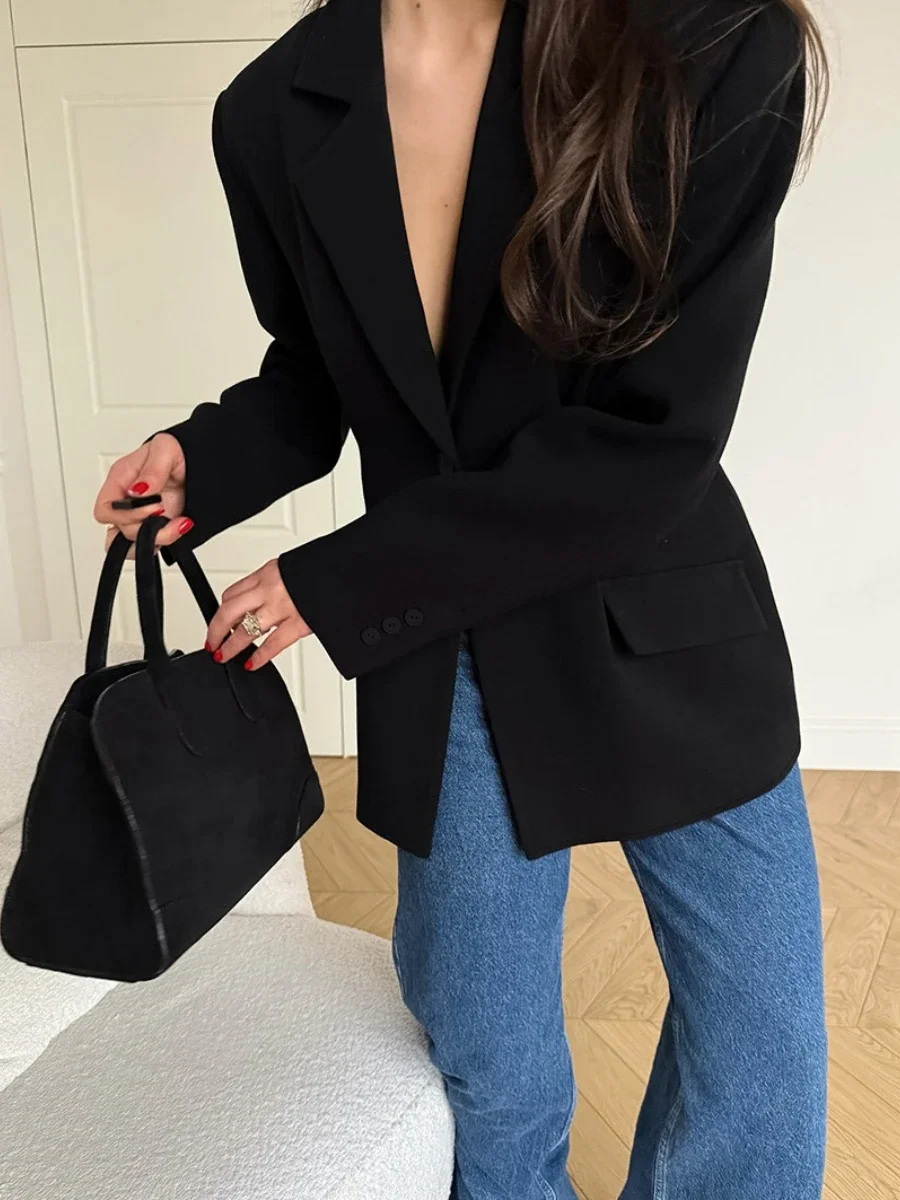 2025 mode noir bureau bases mince manteaux pour femmes revers à manches longues épissé bouton tempérament veste femme automne vêtements