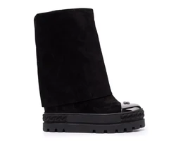 Cow Black Suede Metal Iron Toe Knee High Boots Hidden Wedge Platform Foldover Roman Boots Woman Inner Height Increasing Shoes