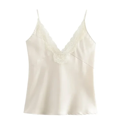 Imagen 2 del producto Chaleco sin mangas con borde de encaje y cuello en V para mujer, Mini Top con tirantes finos, ropa de calle Sexy a la moda, Halter con textura sedosa, verano