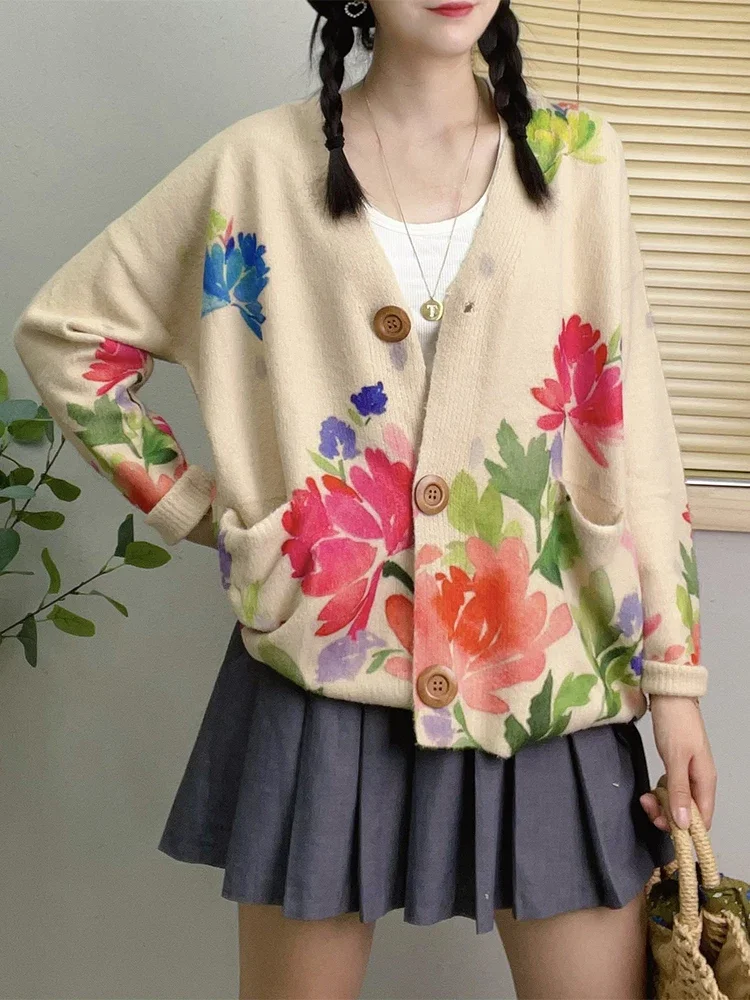 Max LuLu Spring Fashion Floral Cardigans Womens Loose Elegant Warm Printed Sweaters Ladies Korean Luxury Casual V Neck Knitwear