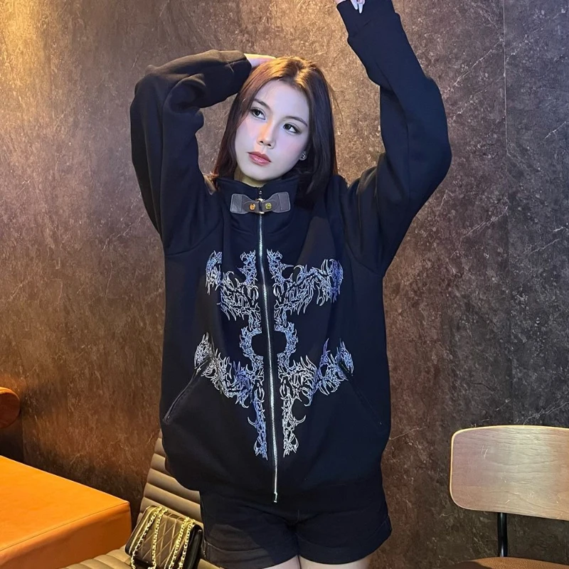 Woman New Restore Ancient Ways Elegant Brief Street Clothes Fashion Punk Stand-up Collar Individuality Hoodie Printing Cardigan