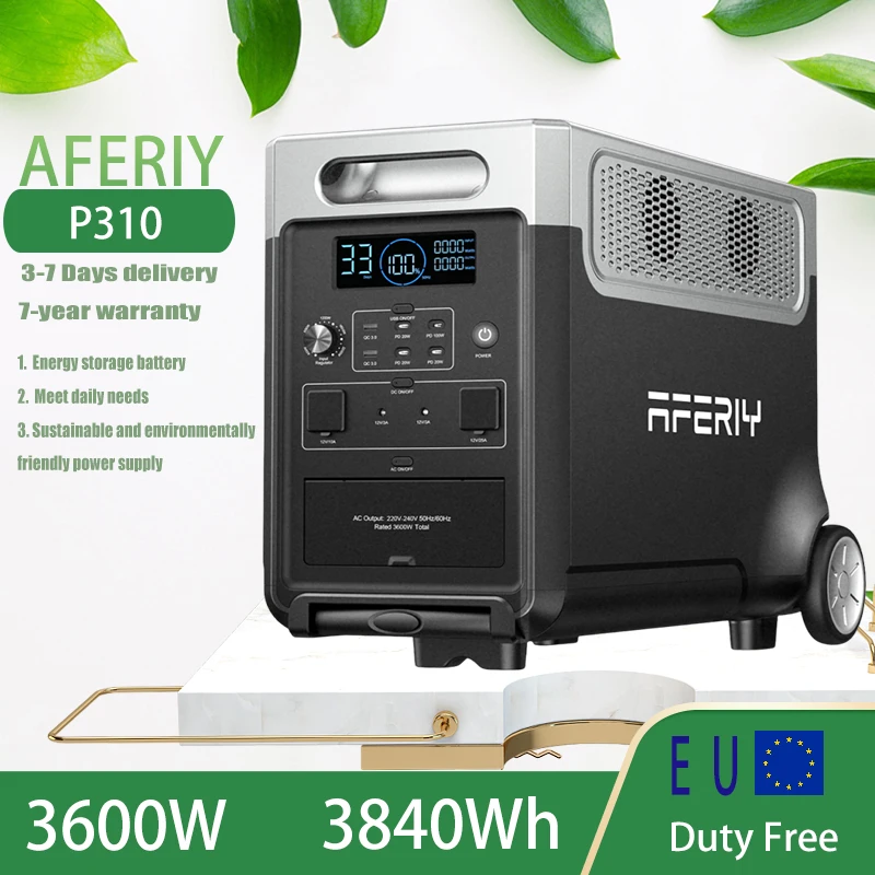 Batterie haute puissance et haute performance AFERIY 3600W3840Wh, prise EU, contrôlable par application pour une charge rapide et un stockage d'énergie, extensible jusqu'à 11520Wh pour répondre aux besoins en énergie mobile quotidienne.