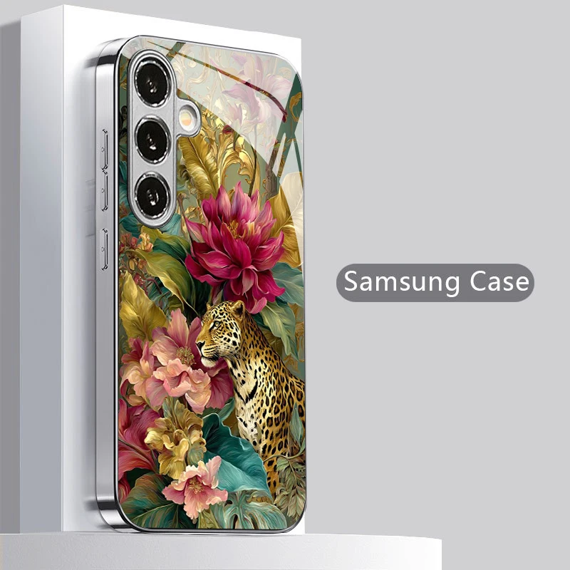 Lion Beast Floral Pattern 2D Phone Case for Samsung S26 S25 S24 S23 S22 S21 S20 A56 A36 A16Electroplated Glass Protective Cover