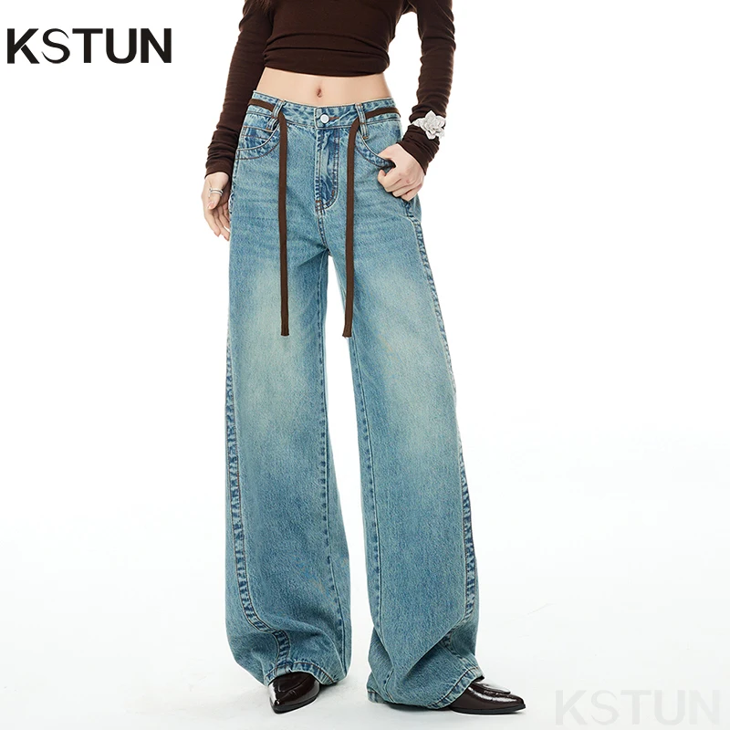

KSTUN 2026 Spring High Waisted Wide Leg Jeans For Women Straight-leg Trousers Casaul Americian Vintage Drawstring Side Stripes