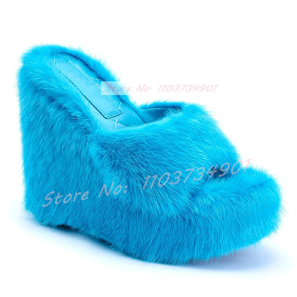 Pink Fluffy Platform Wedges Mules Lady Elegant Furry Round Toe High Heel Shoes Female Fashion Sexy Party Open Toe Solid Slippers