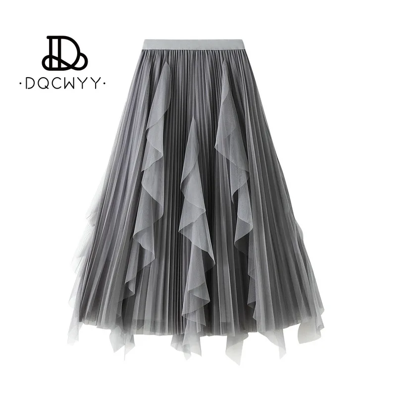 

Skirt Women Spring New High Waist Ruffle Edge Splicing Mesh Women's Medium and Long Big Pendulum Pleated Skirt Woman Clothing