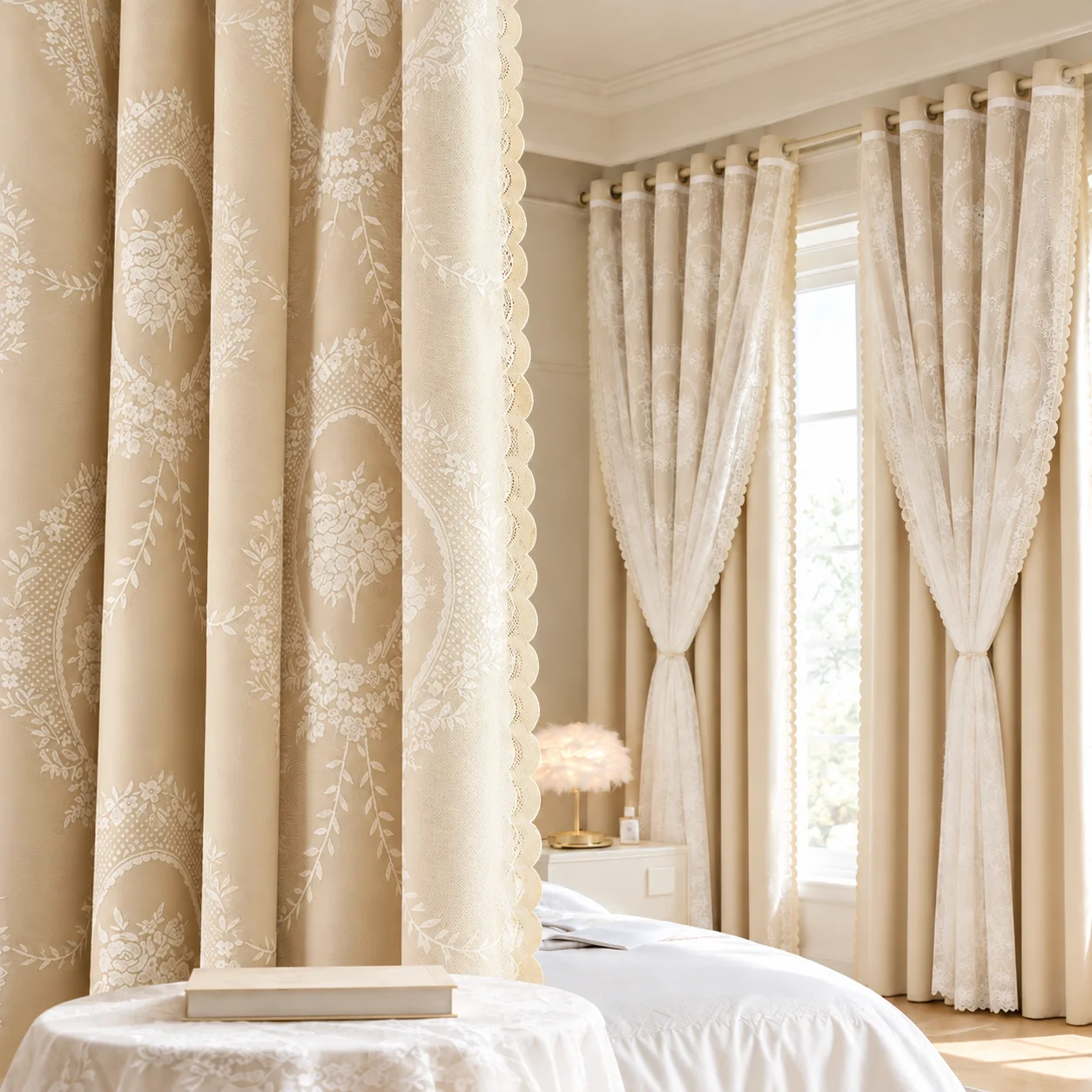 1pc French Floral Embroidery Curtain Panel, Beige Semi Blackout Window Drapes with Lace Trim for Bedroom Living Room Home Decor