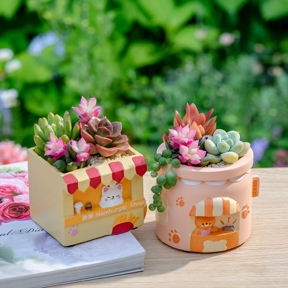 

Маленький горшок для растений с милым медведем и котенком, сочный горшок из смолы для домашнего офиса, мини-орнамент, сказочный сад, украшение для цветочного горшка