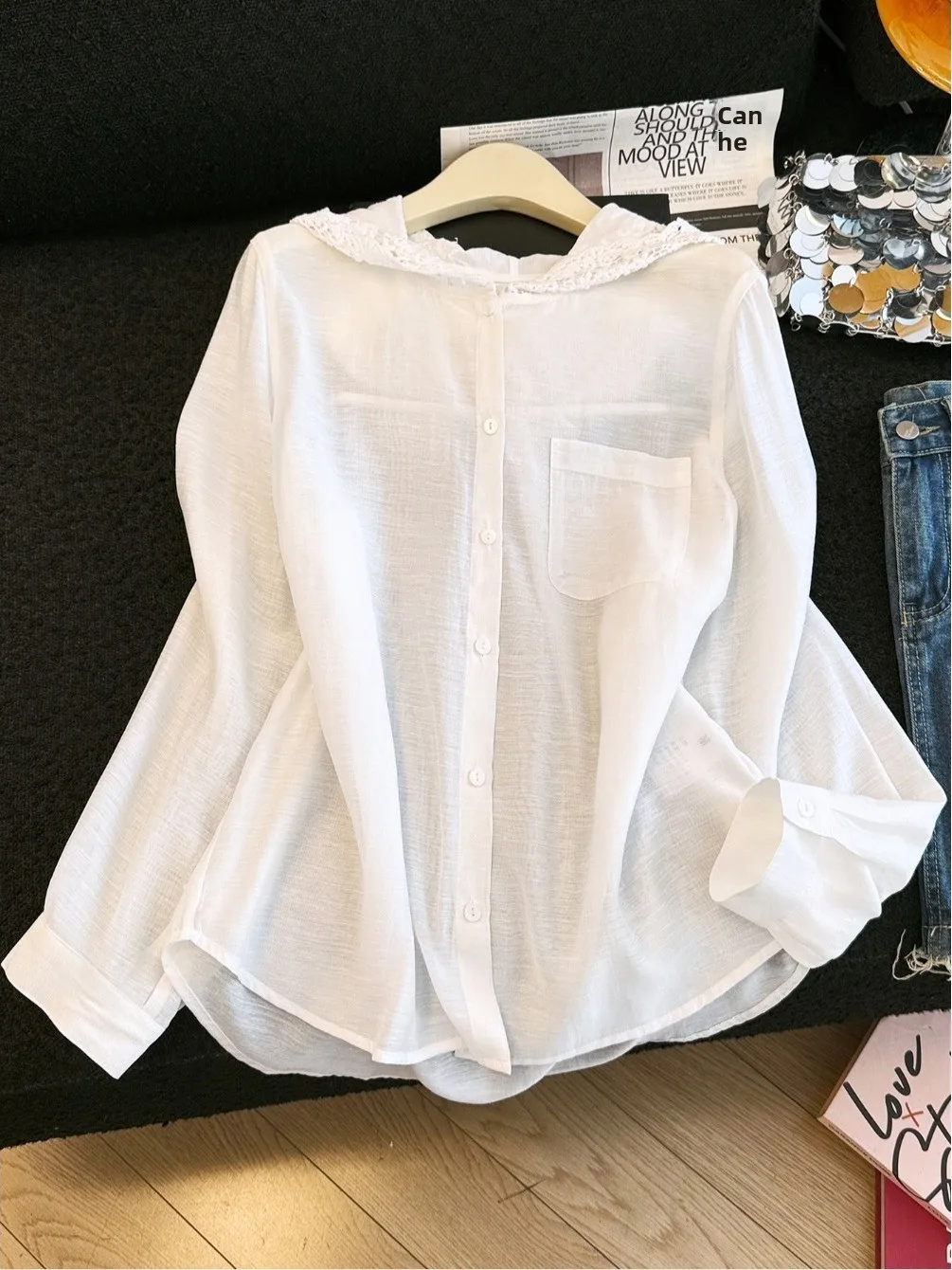 

Льняная рубашка с вышивкой и кружевом, с шляпкой, тонкая, с длинным рукавом, большого размера, женская, однотонная, на пуговицах, повседневная, весенне-летняя, топ