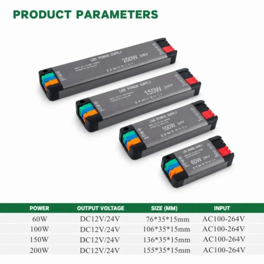 Shopping Mall Office Corridor LED Power Supply 12/24V 15mm Ultra-thin Anti-interference Lighting Transformer 60W-200W