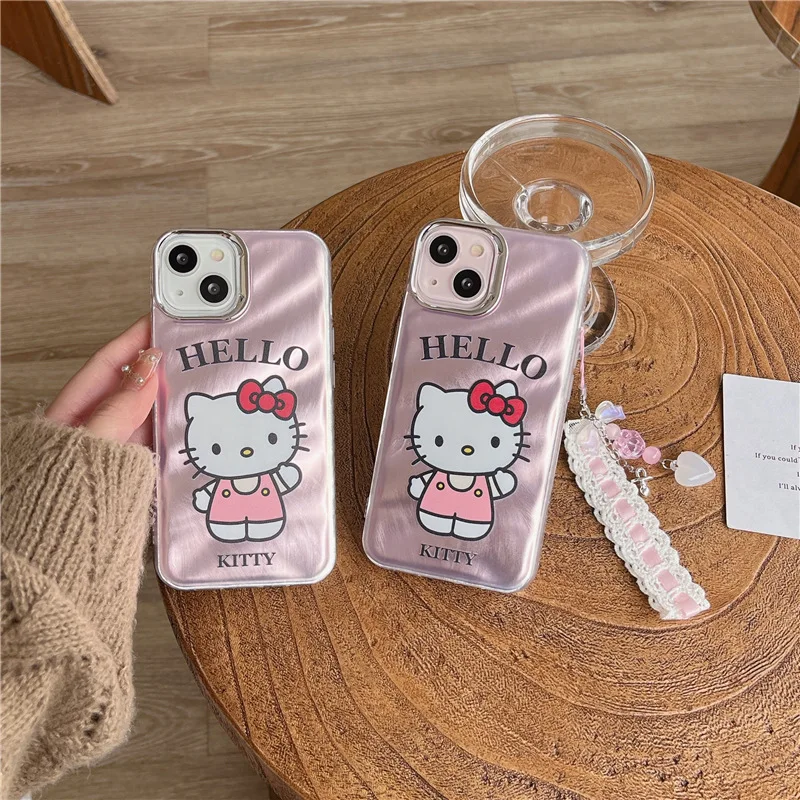 

Pink Hello Kitty Cartoon Texture Soft Phone Case for iPhone15 14 promax 12 13 11 Gentle Girls Anti Drop Protective Back Cover