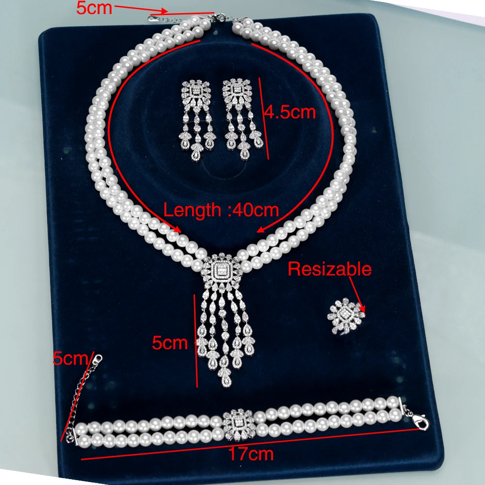 JEWEL Luxury Romantic and Shiny Double Layer Pearl Necklace Earrings Bracelets Rings Jewelry Sets for Women Wedding Jewelry Gift