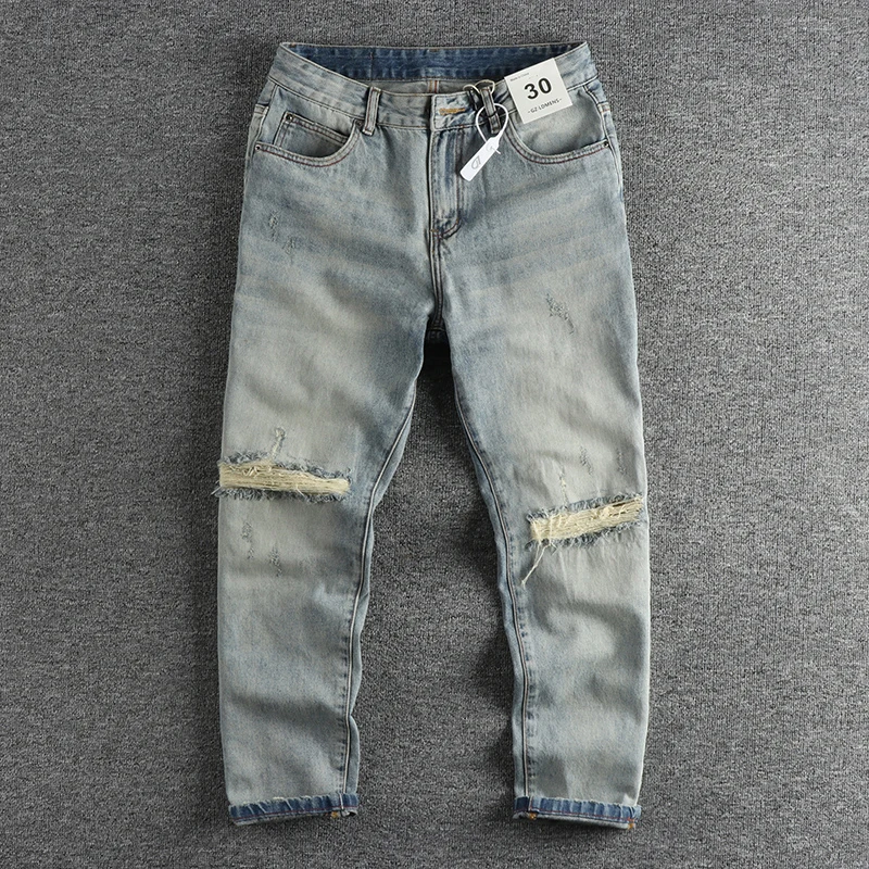 

Spring and Autumn New Arrival Ripped Trendy Retro Used Jeans Men's Loose Straight Comfortable Trousers