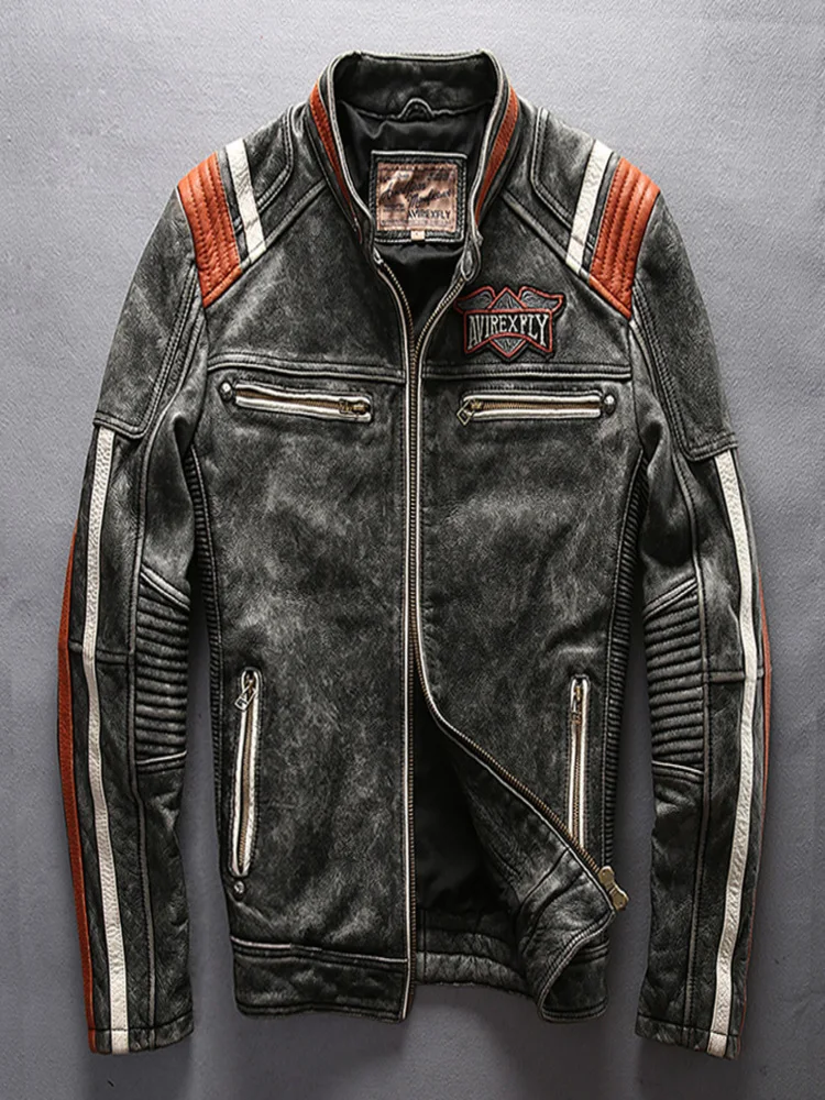 

5 days arrival,Men's Motorcycle Rider Jacket Genuine Leather Vintage Coat Stand Collar Embroidery Cowhide