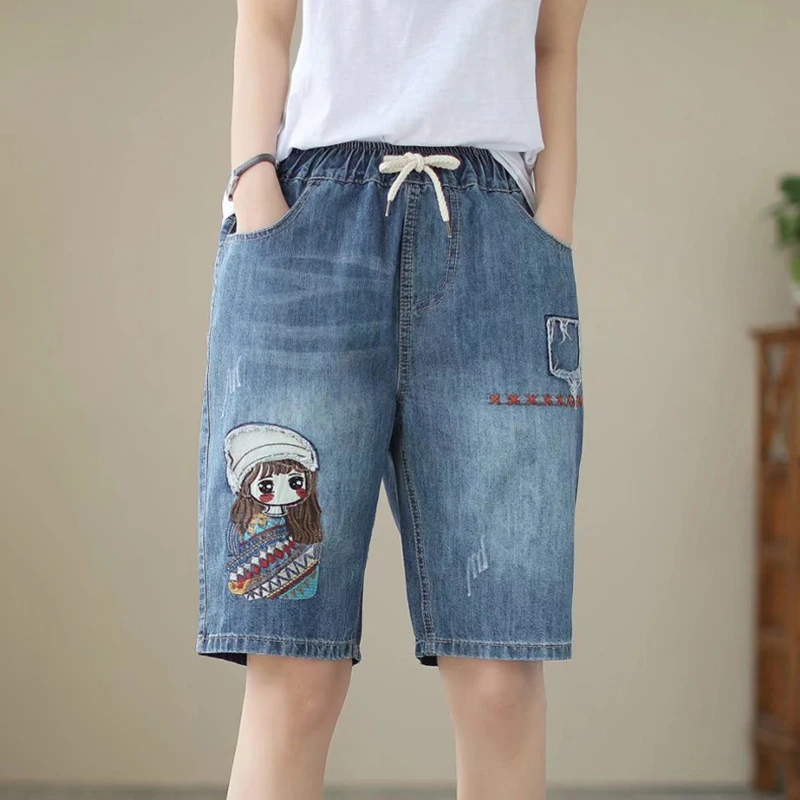 

Summer Elastic Waist Casual Applique Embroidered Denim Pants Women Clothing Half Length Washed Jeans Sweet Kawaii Pants U287