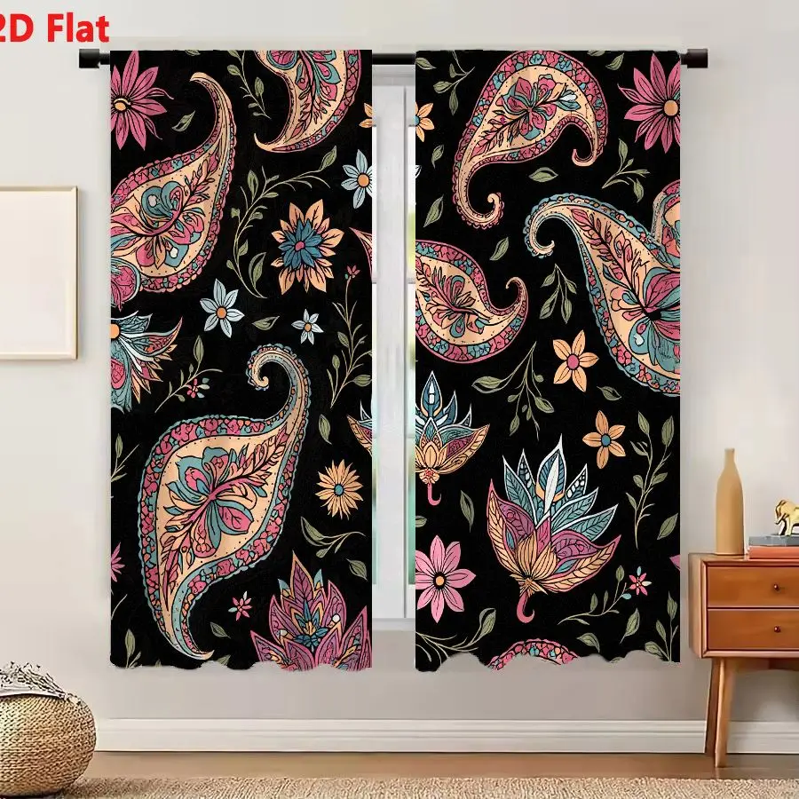 2Pcs Curtains 2D Flat Intricate Colorful Floral Paisley Pattern On Black Background Traditional Ornate Cultural Bohemian Art Ind