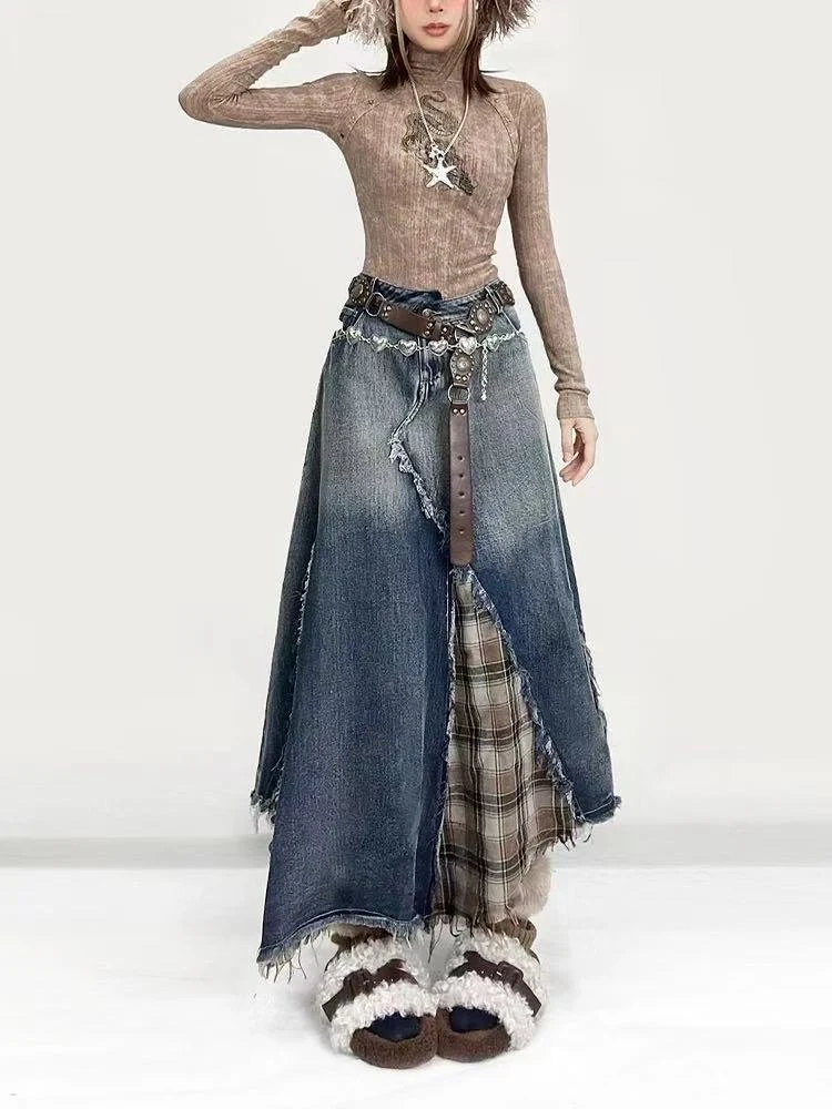 خمر منقوشة المرقعة الدنيم ميدي التنانير النساء Y2K الشارع الشهير غير النظامية شرابة ألف خط التنانير عالية الخصر كل مباراة الجينز التنانير