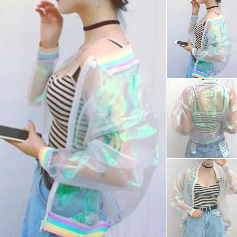 Women Iridescent Laser Transparent Coat Jacket Holographic Coat Rainbow Baseball Windbreaker Coats Woman Clothing