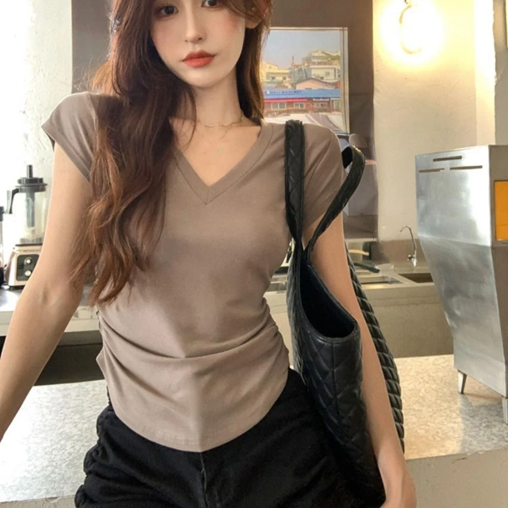

Korean Style Pleated Short Sleeve T-shirt Chic Simple Y2K Crop Top Women Bottoming Shirt Slim Fit V-neck Tees Top Streetwear