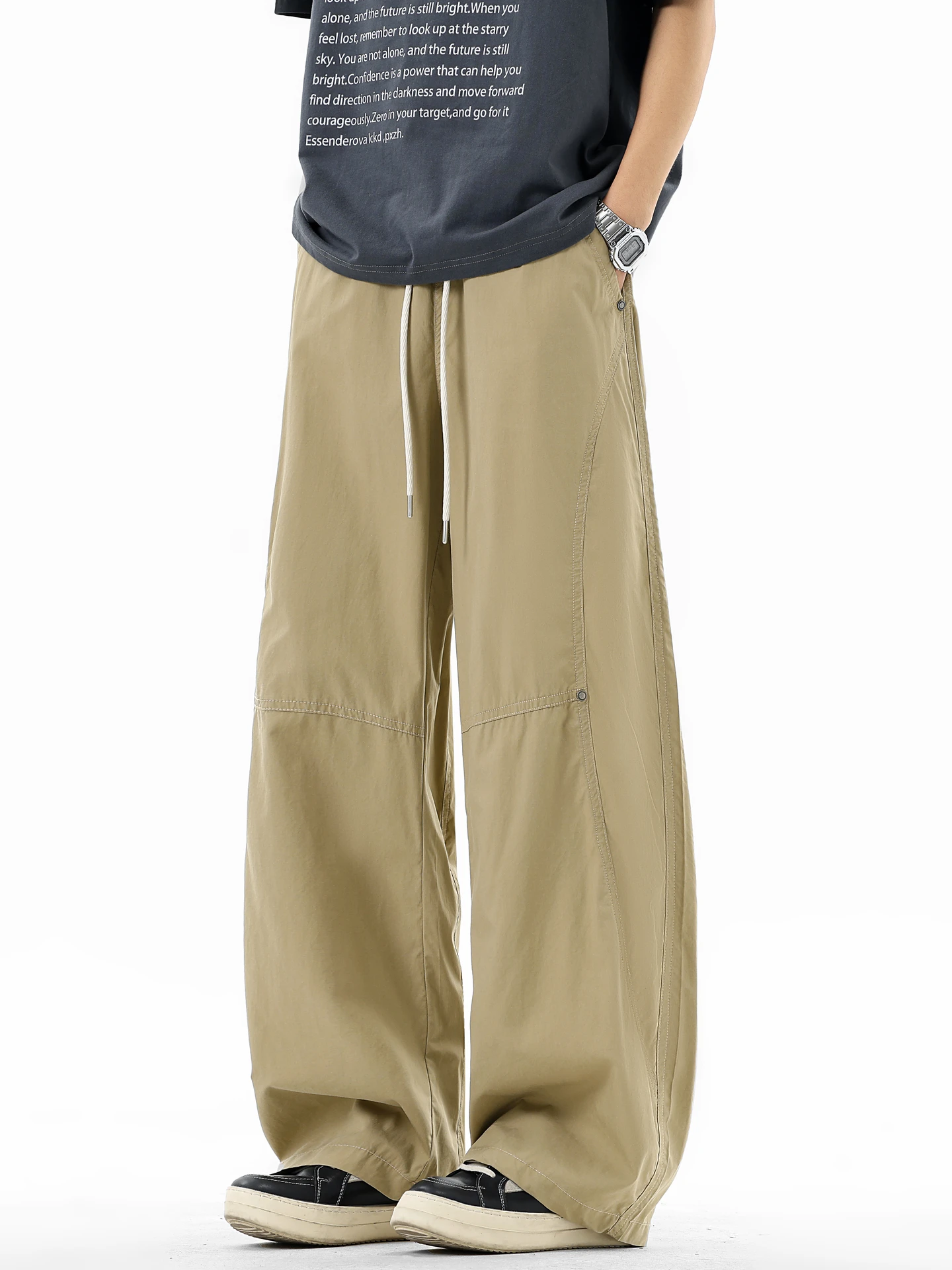 

Men's Casual Wide Leg Work Pants Elastic Waist Drawstring Retro Patchwork Breathable Lenzing Lyocell Straight Leg Trousers