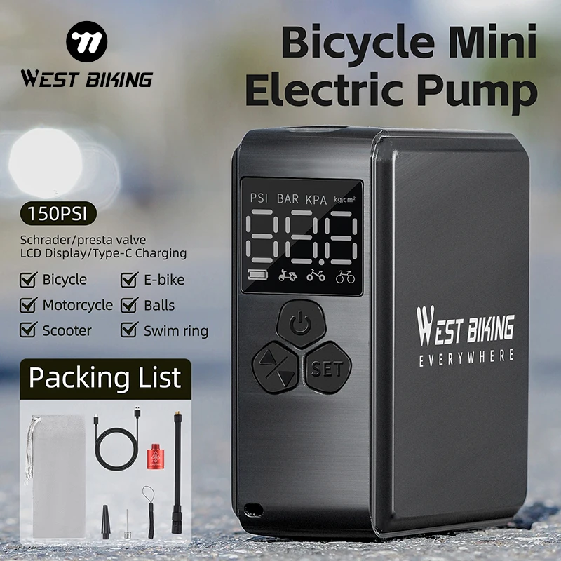 

WEST BIKING Mini Electric Pump Air Compressor 150PSI Portable Bike Cordless Inflator Presta Schrader Valve MTB Bike Accessories