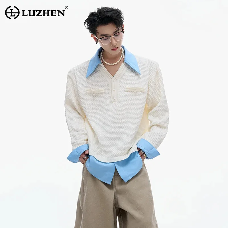 

LUZHEN пуговицы украшают текстурированные поддельные пуловеры из двух предметов с длинными рукавами, рубашки, мужские осенние новые модные свитера 2025 года JY4006