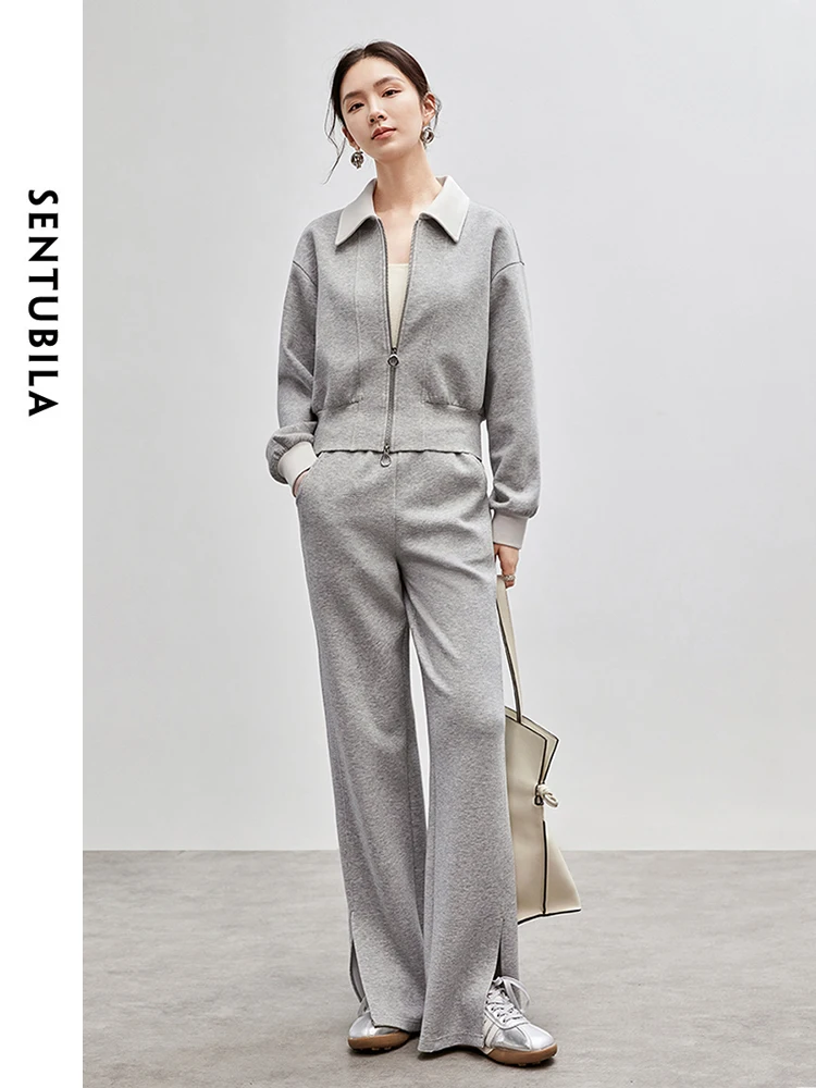 

SENTUBILA Women Sporty 2 Piece Set 2024 Autumn Zippers Cropped Coat Casual Solid Slit-hem Trouser New Matching Sets 143Z55815