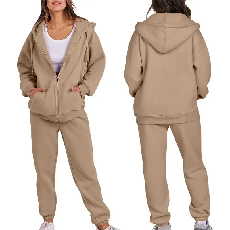 

AEF6-Women Zip Up Hoodies Long Sleeve Solid Color Fall Casual Fashion Jackets With Trousers Set