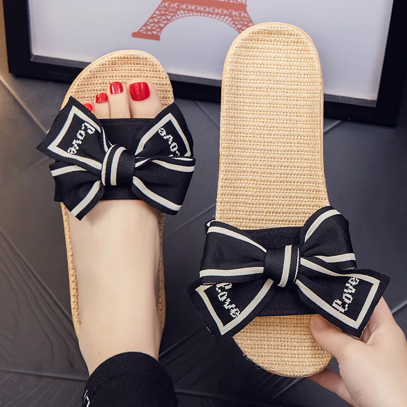 Mntrerm große Schleife Hausschuhe Indoor rutsch feste Hausschuhe weichen Boden Viskose Leinen Sandalen und Hausschuhe – Detail 7