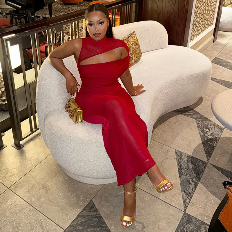 Doyerl Sexy maille pure Robes d'invité de mariage femmes élégant discothèque fête froncé ruban découpe moulante Maxi robe Robes Longues