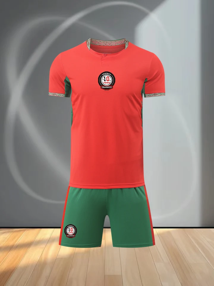 Men Red Green Short Sleeve Soccer Jersey Set Football Uniform Quick Dry Breathable Shirt Shorts Training Sportswear Kit