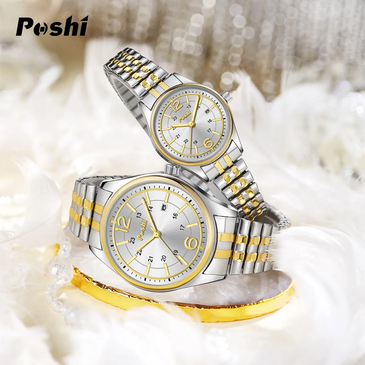 POSHI Couple Watch Fashion Casual Quartz Wristwatch Luxury Alloy Elastic Strap with Date Lover\'s Watches for Gift